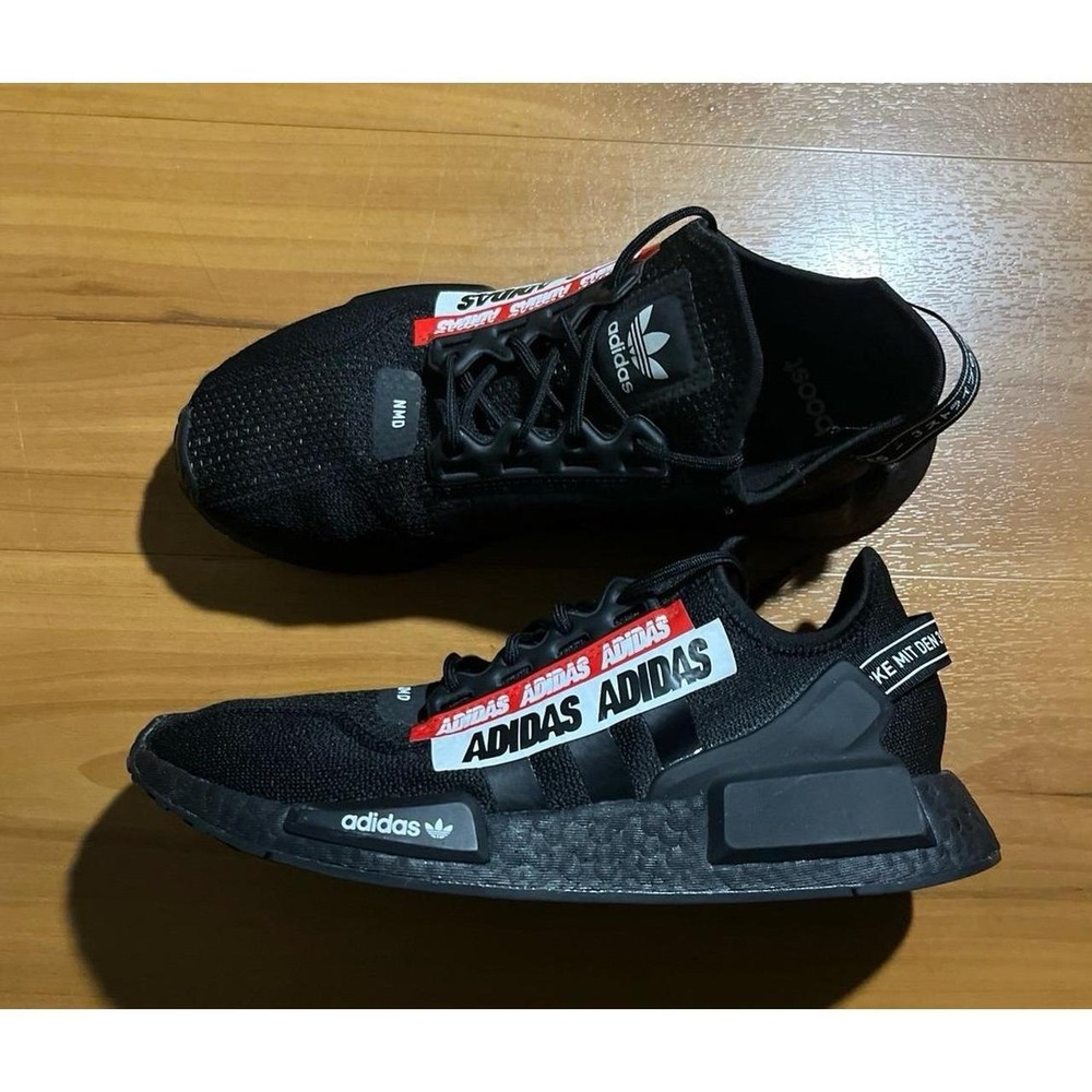 Mens Adidas NMD_R1 V2 'Core Boost Black Red' Slip On Lace Up Sneakers Shoes